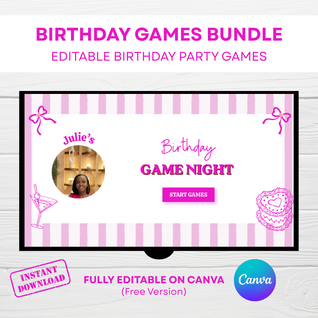 Pink Themed Birthday Party Games Template | Trivia, Most Likely To & Word Games