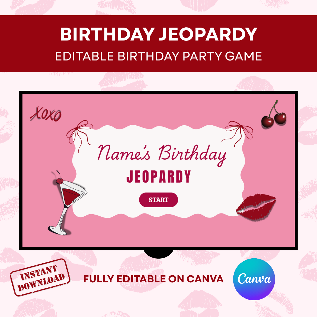 Blush & Bold Themed Fully Editable Canva Birthday Jeopardy Template