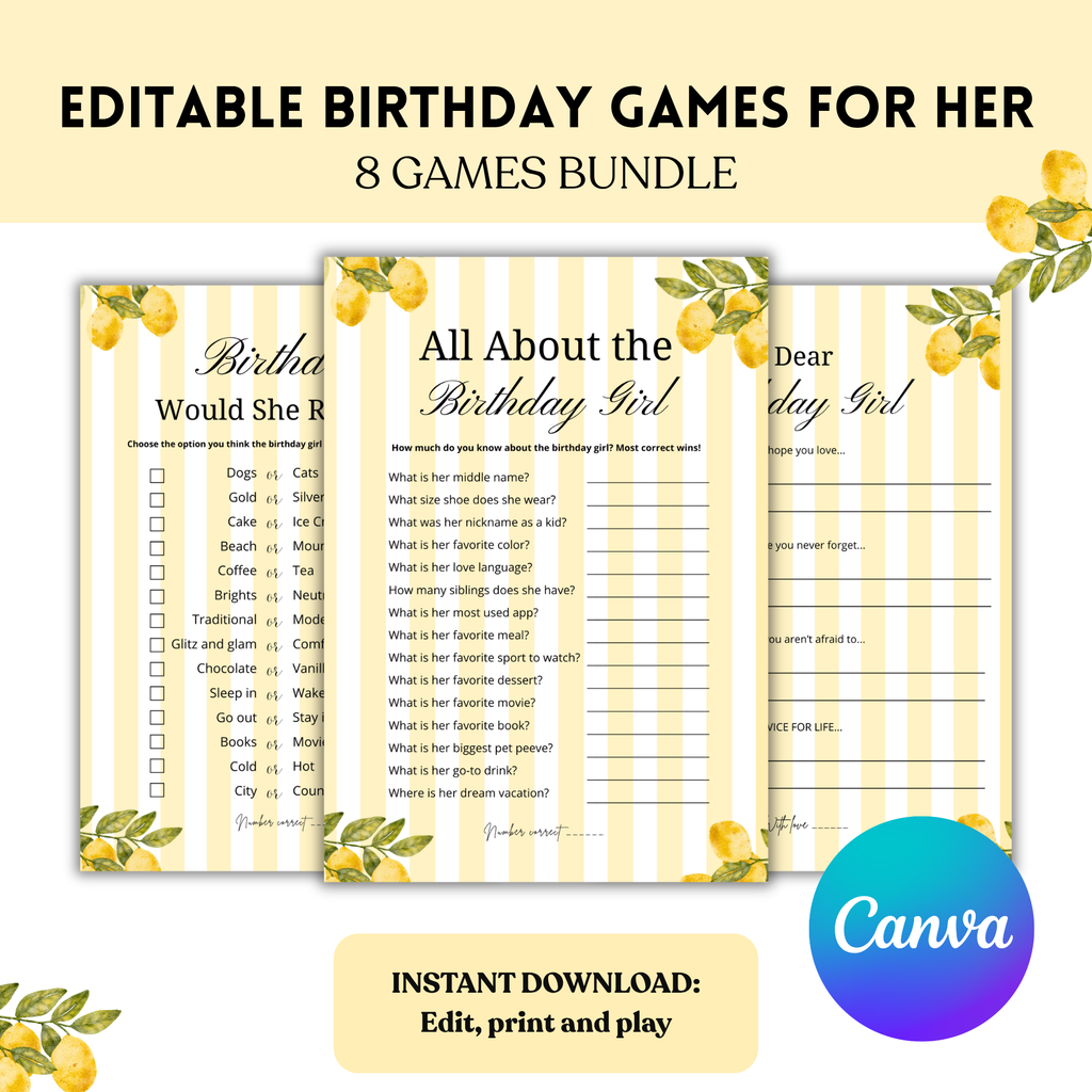 Lemon Yellow Birthday Games for Her Bundle