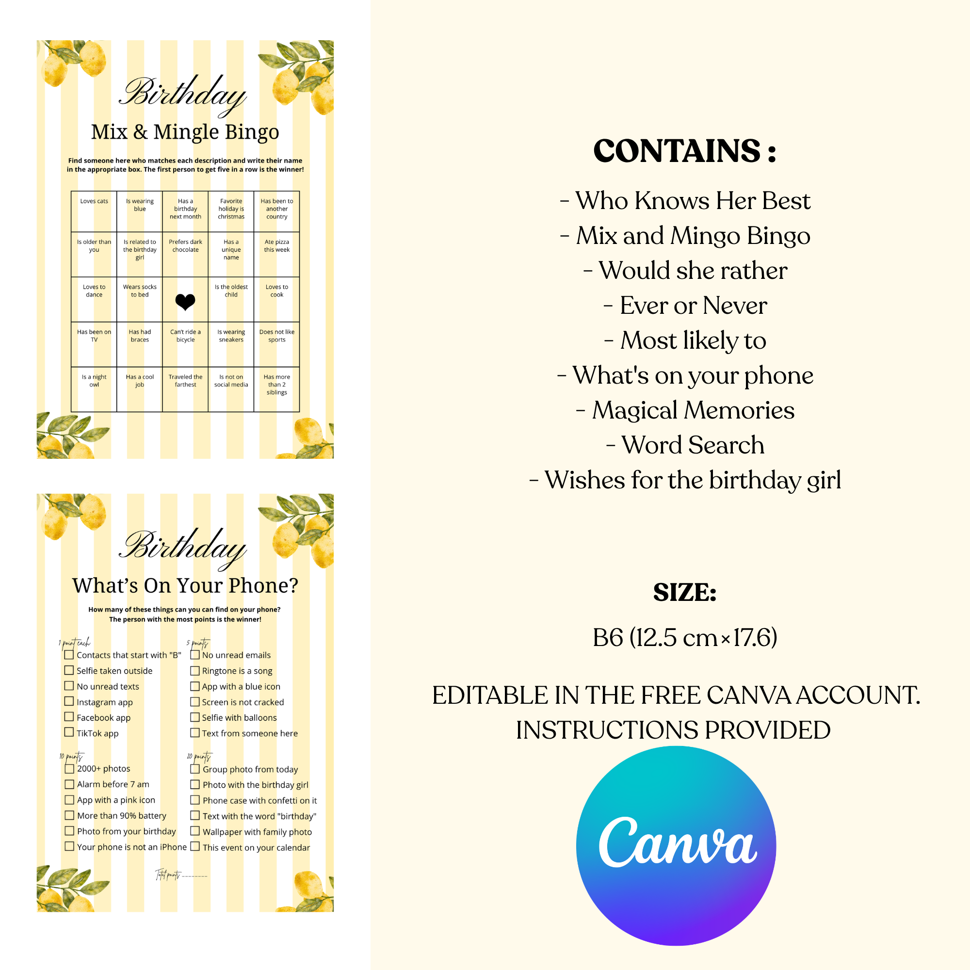 Lemon Yellow Birthday Games for Her Bundle