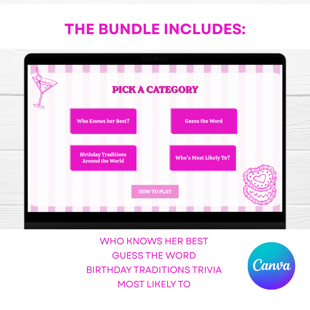 Pink Themed Birthday Party Games Template | Trivia, Most Likely To & Word Games