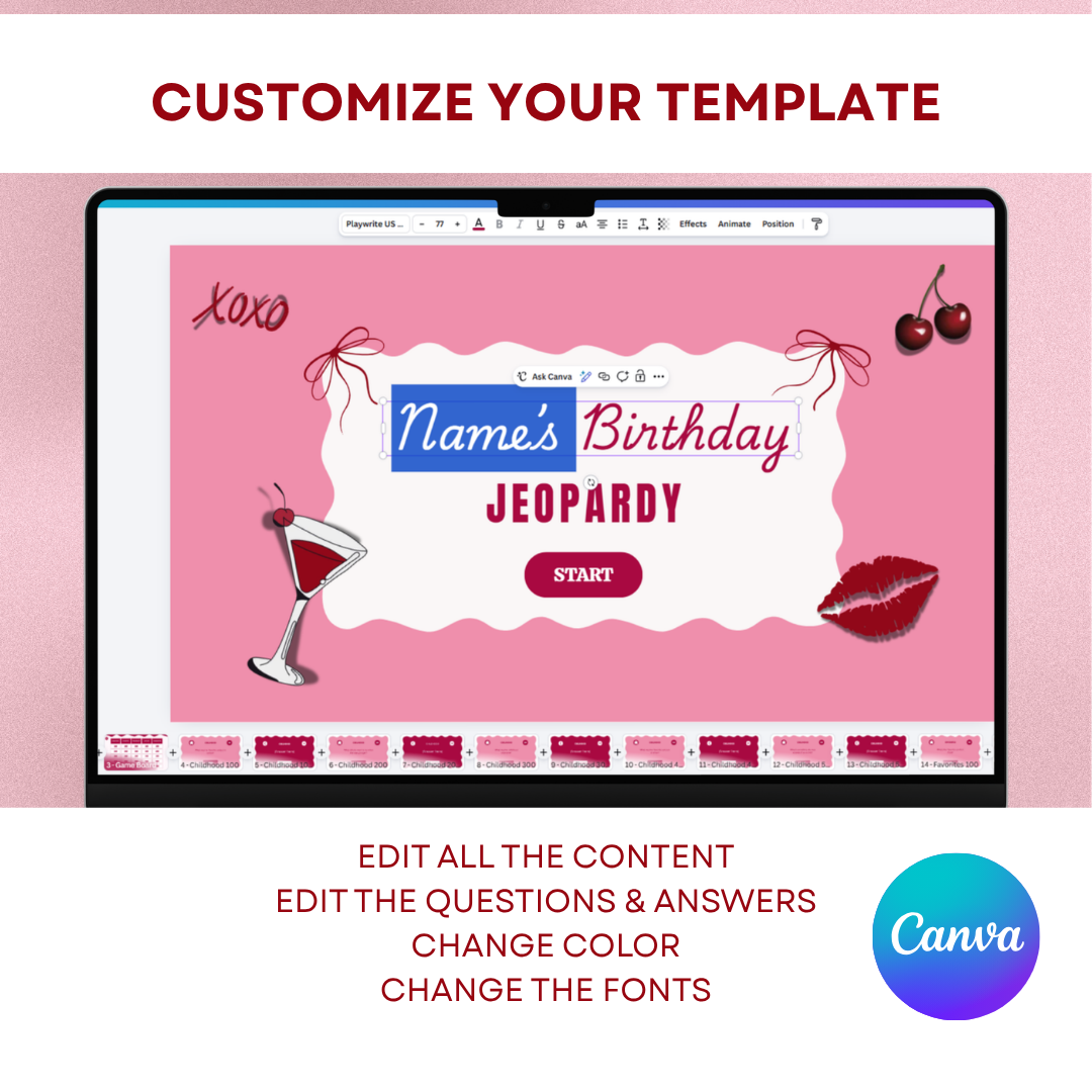 Blush & Bold Themed Fully Editable Canva Birthday Jeopardy Template
