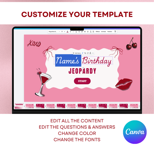 Blush & Bold Themed Fully Editable Canva Birthday Jeopardy Template