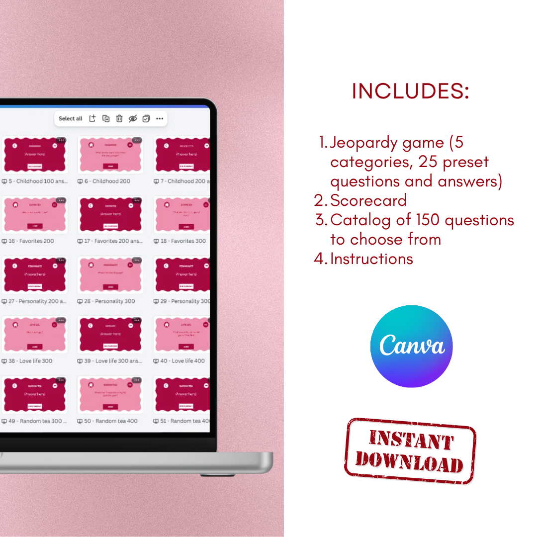 Blush & Bold Themed Fully Editable Canva Birthday Jeopardy Template