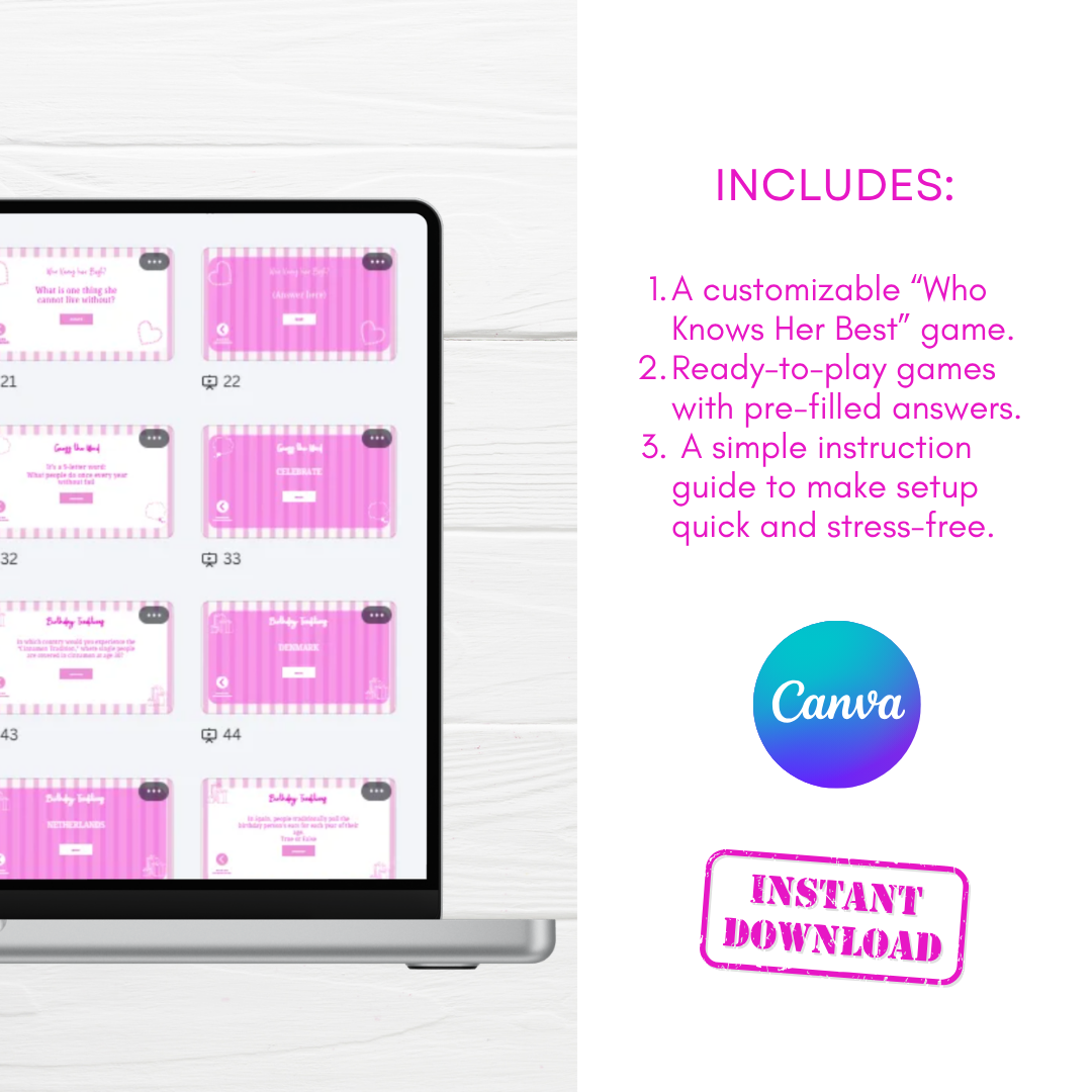 Pink Themed Birthday Party Games Template | Trivia, Most Likely To & Word Games